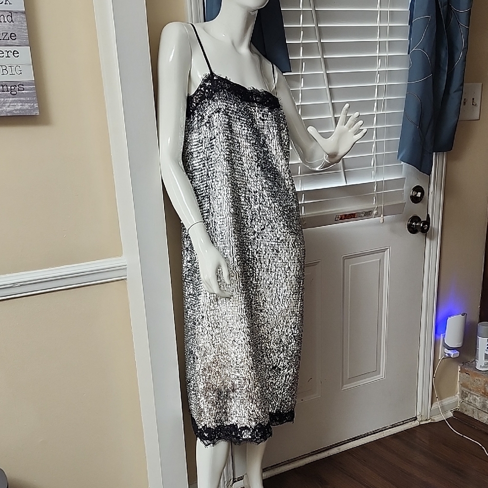 Elegant Silver Sequin Dress with Black Lace. Adjustabe Straps.
